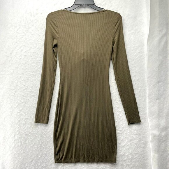 Forever 21 Dress Women's Sz S Olive Green Knit Bodycon Square Neck Tie Front - Picture 2 of 11